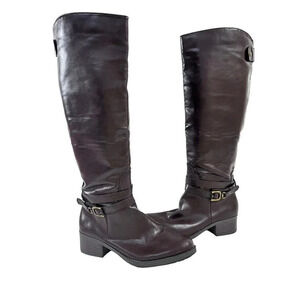 Rampage Imelda Brown Faux Leather Riding Boots Size 8.5 Buckle Detail 2” Heel
